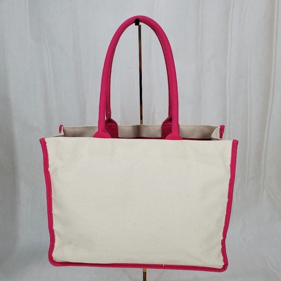 Juicy Couture Beige Canvas Tote Bag Pink Trim Logo Handle Errand Shopping School - Picture 3 of 13